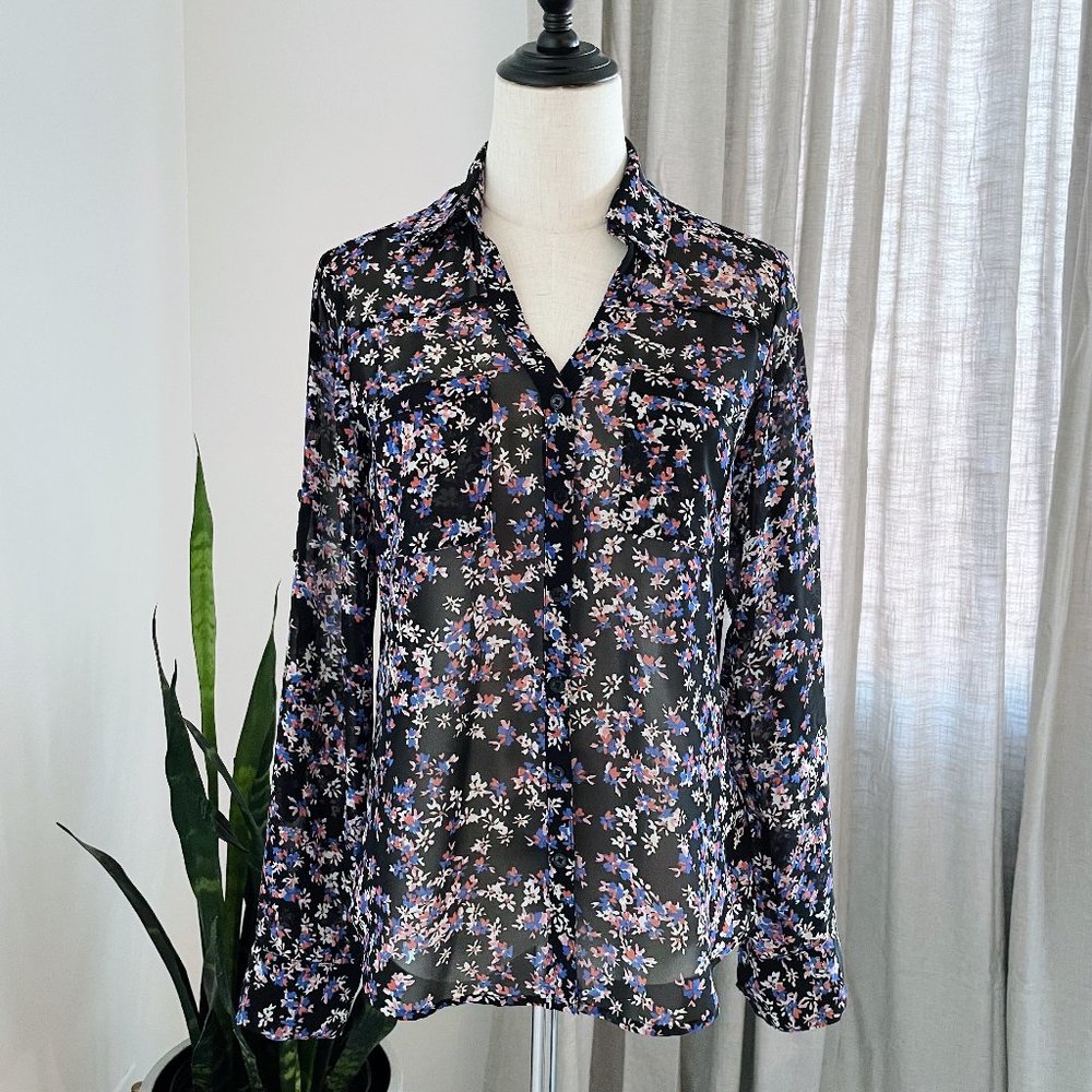 EXPRESS Portofino Long Sleeve Black Floral Button Down Semi Sheer Top Size XS
